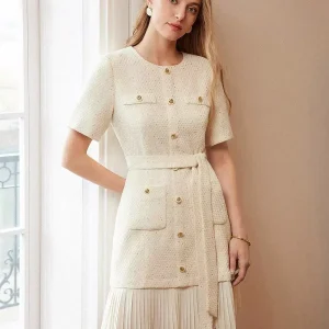 Elegant Short Sleeves Gold Buttons Daily Casual Tweed Dress
