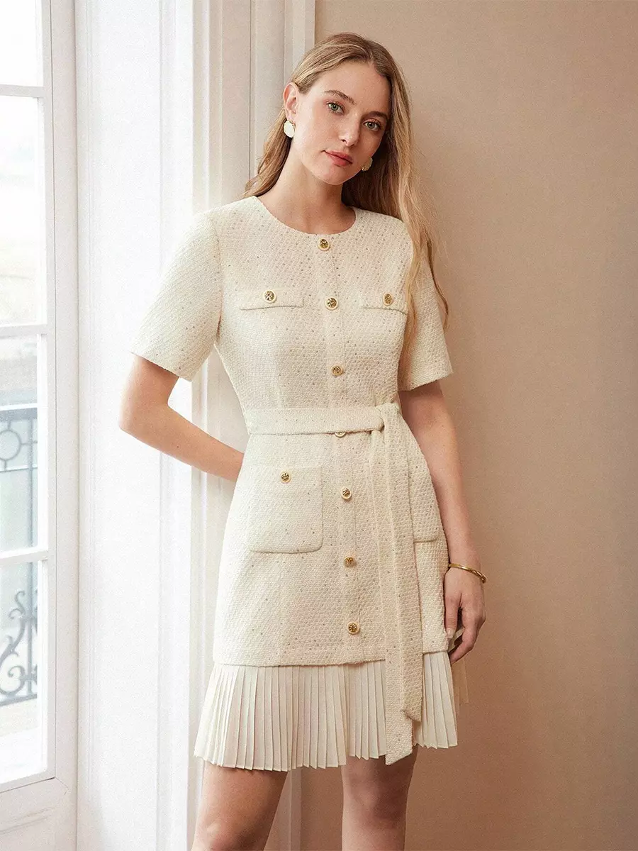 Elegant Short Sleeves Gold Buttons Daily Casual Tweed Dress