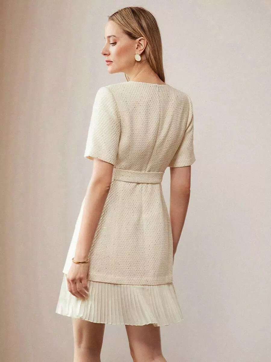 Elegant Short Sleeves Gold Buttons Daily Casual Tweed Dress - Image 6