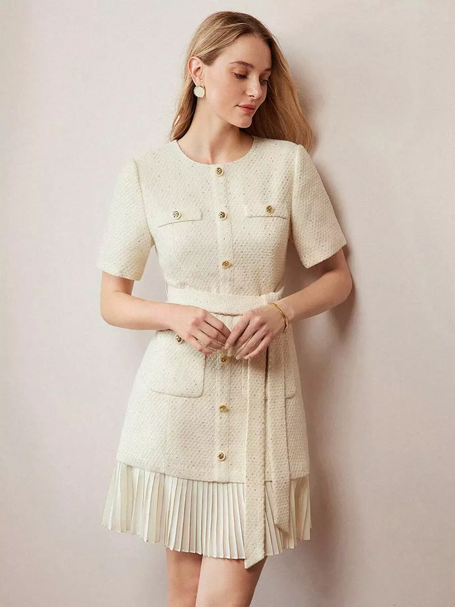 Elegant Short Sleeves Gold Buttons Daily Casual Tweed Dress - Image 2