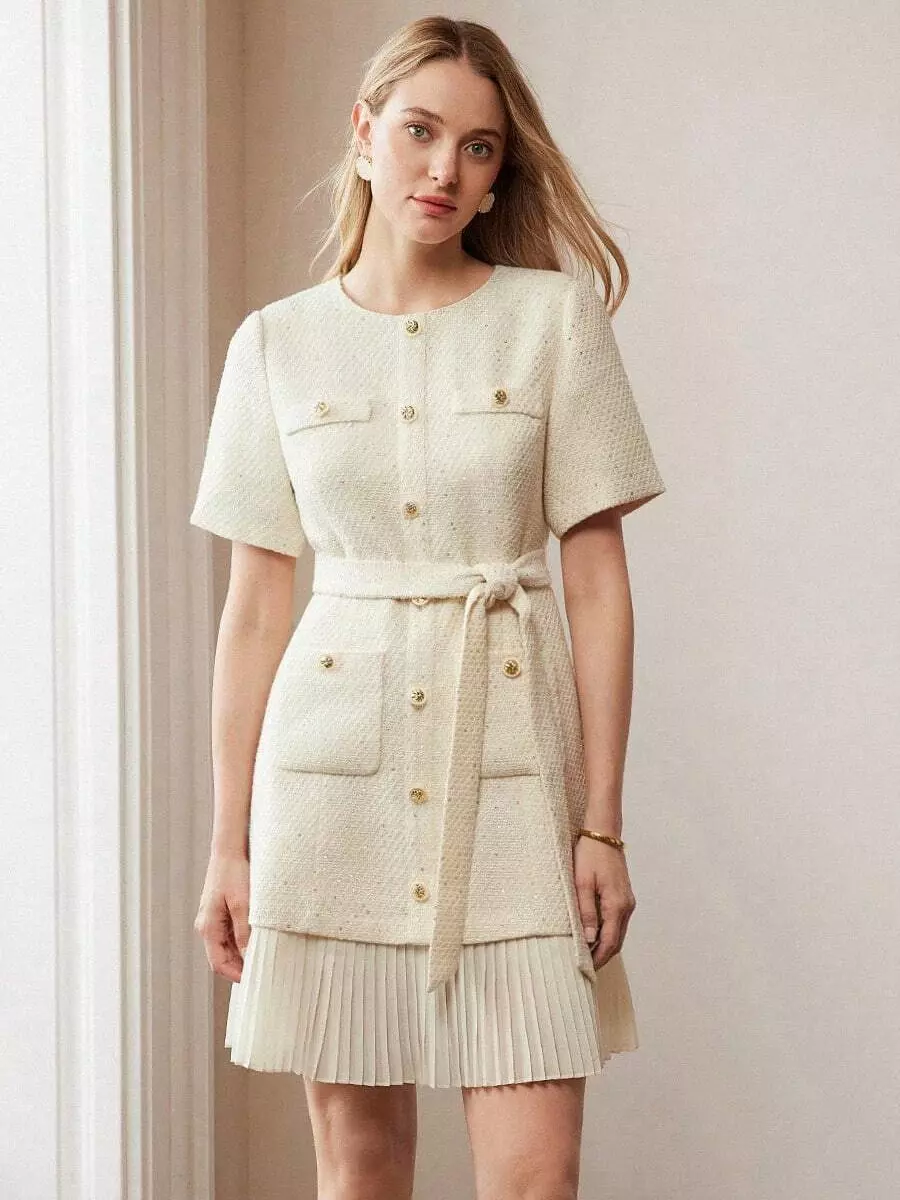 Elegant Short Sleeves Gold Buttons Daily Casual Tweed Dress - Image 4