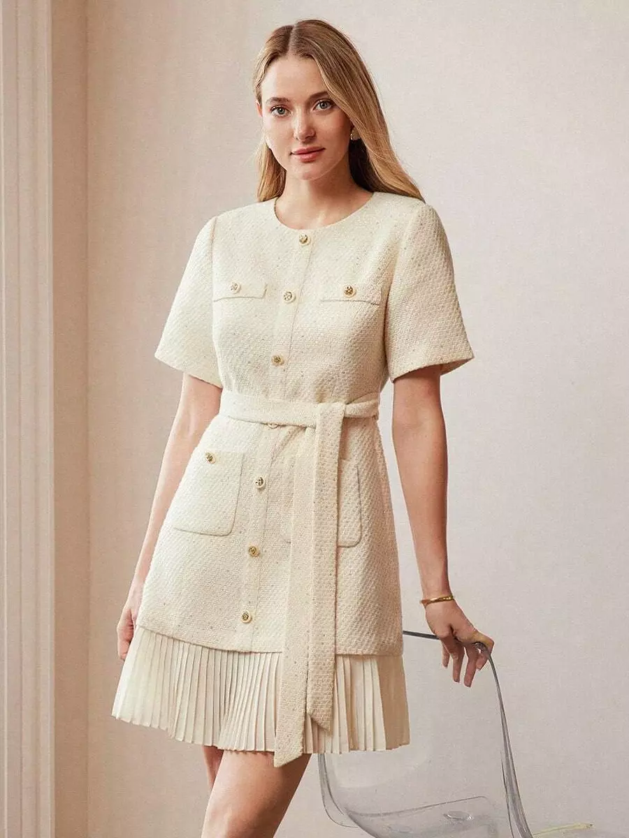 Elegant Short Sleeves Gold Buttons Daily Casual Tweed Dress - Image 5