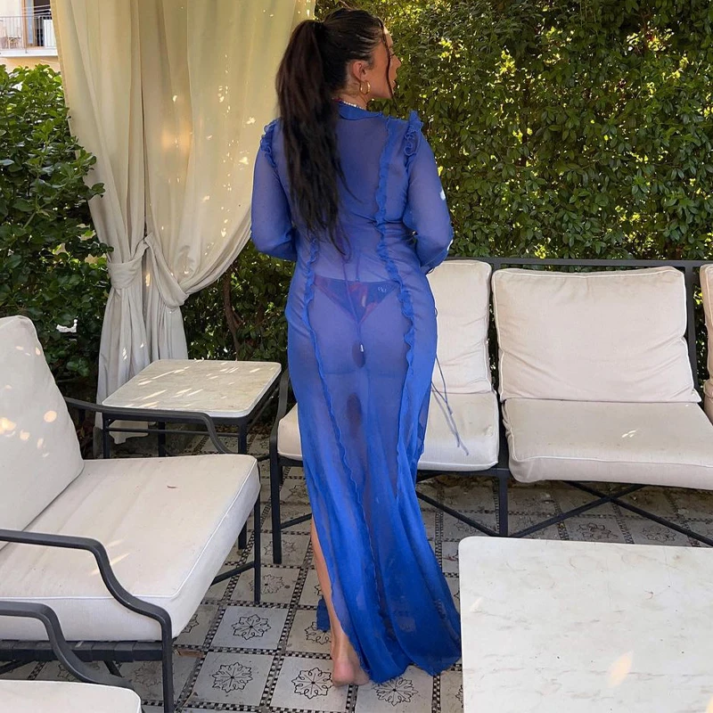 Elegant Side Split V neck Perspective Ruffle Drawstring Tight Maxi Dresses - Image 11