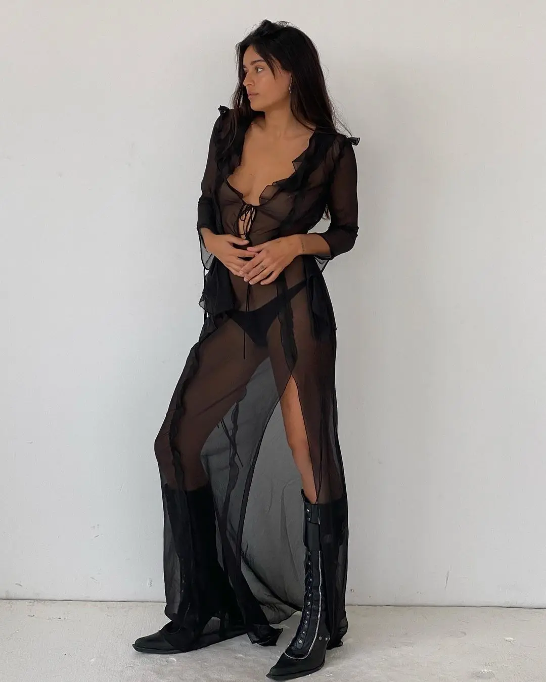 Elegant Side Split V neck Perspective Ruffle Drawstring Tight Maxi Dresses - Image 19
