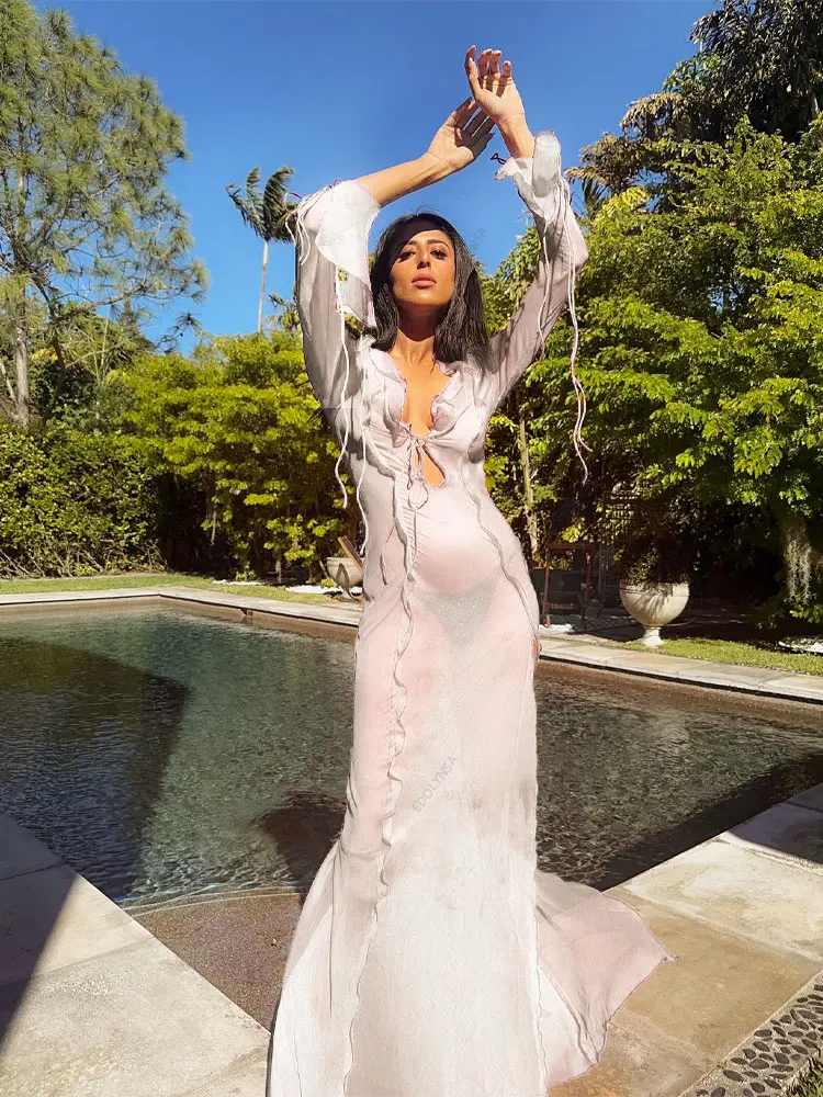 Elegant Side Split V neck Perspective Ruffle Drawstring Tight Maxi Dresses - Image 22