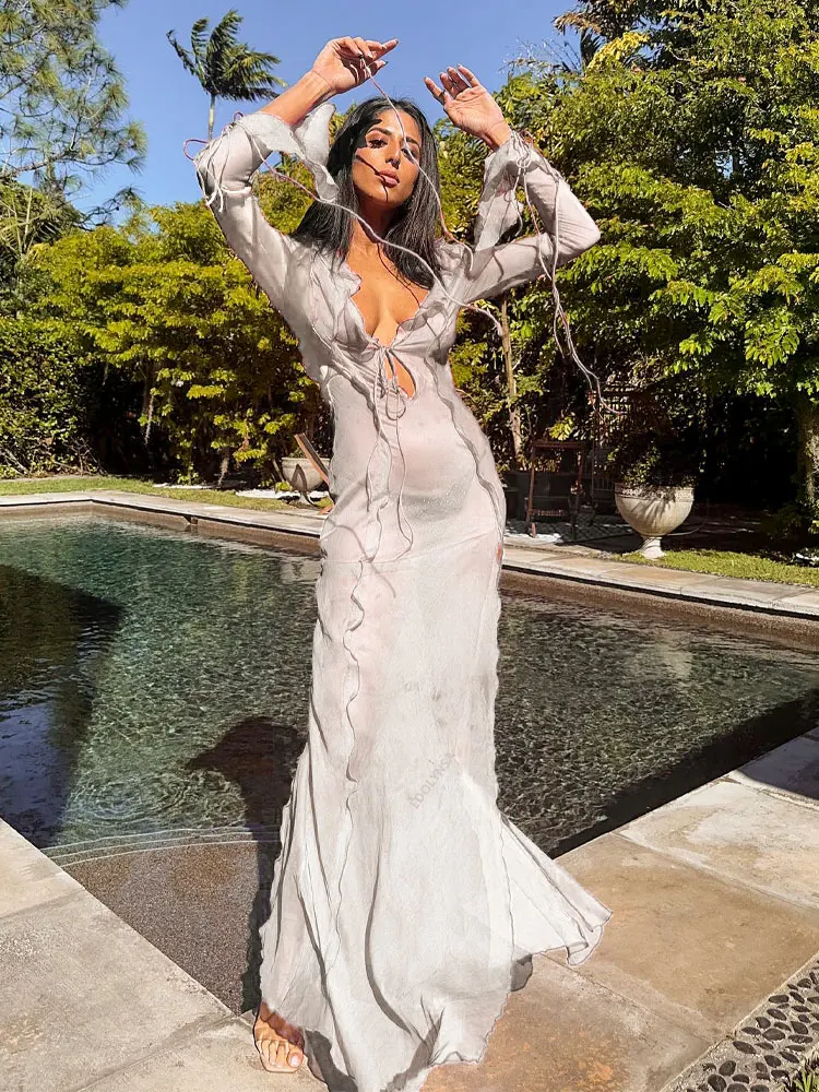 Elegant Side Split V neck Perspective Ruffle Drawstring Tight Maxi Dresses - Image 23