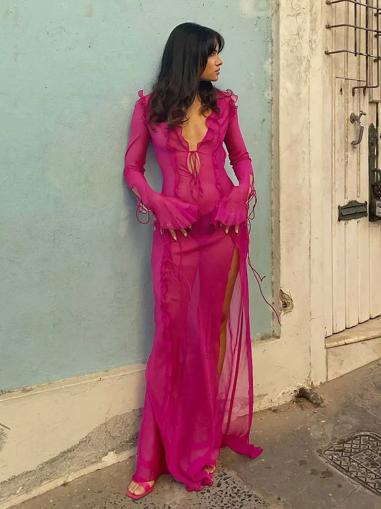 Elegant Side Split V neck Perspective Ruffle Drawstring Tight Maxi Dresses - Image 27