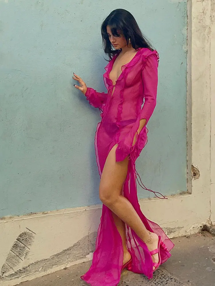 Elegant Side Split V neck Perspective Ruffle Drawstring Tight Maxi Dresses - Image 28