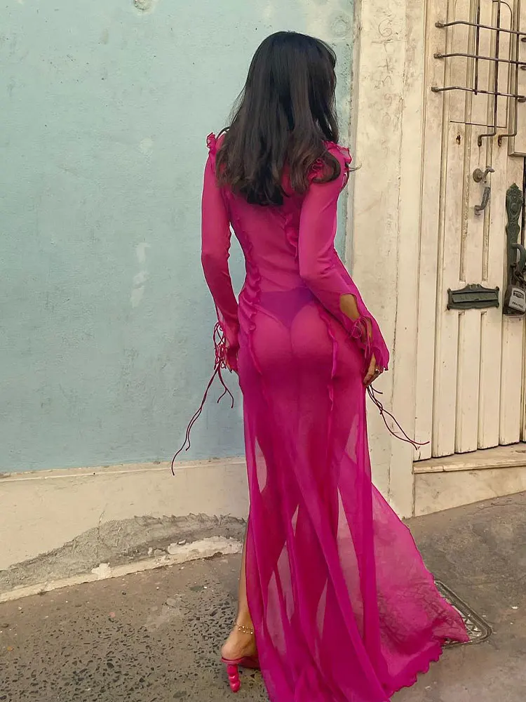 Elegant Side Split V neck Perspective Ruffle Drawstring Tight Maxi Dresses - Image 34