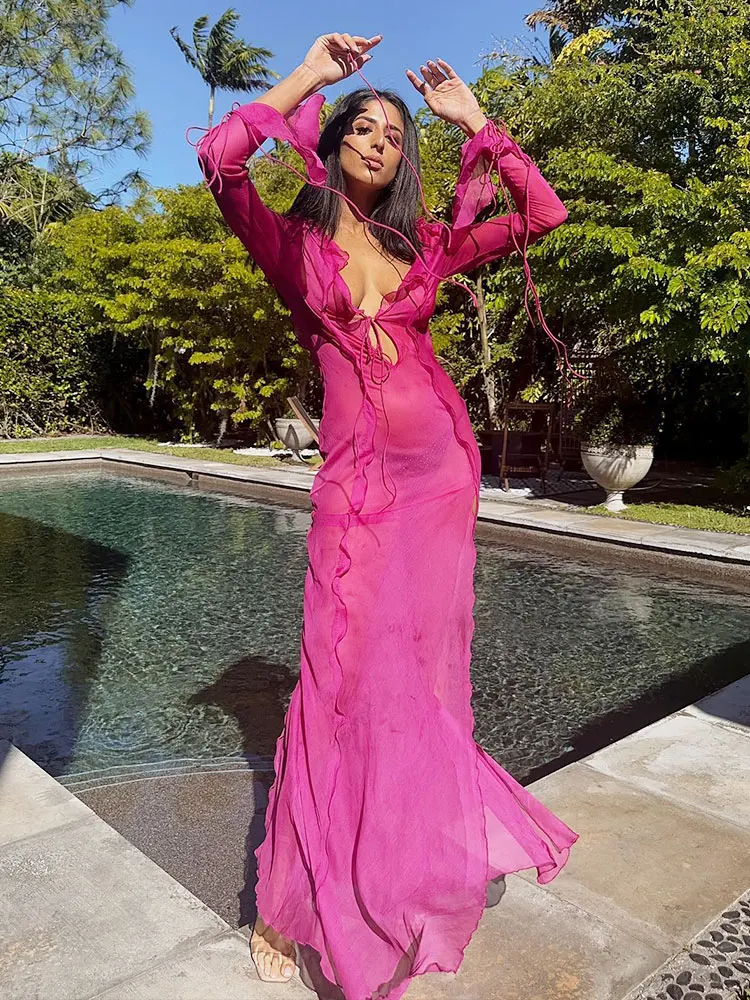 Elegant Side Split V neck Perspective Ruffle Drawstring Tight Maxi Dresses - Image 30