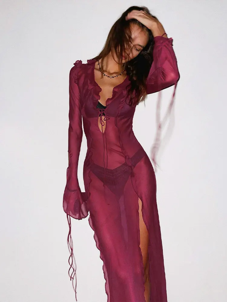 Elegant Side Split V neck Perspective Ruffle Drawstring Tight Maxi Dresses - Image 32