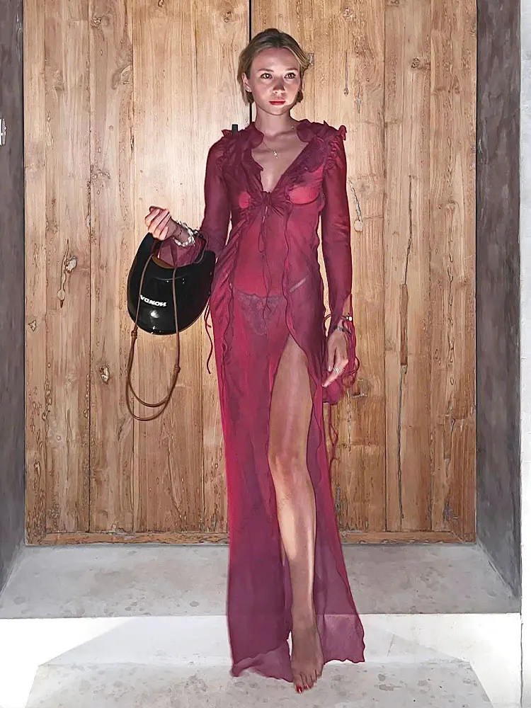 Elegant Side Split V neck Perspective Ruffle Drawstring Tight Maxi Dresses - Image 33