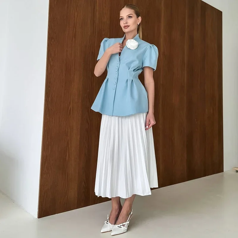 Elegant Single Breasted Short Sleeves Slim Waist 3d Flower Blazer - Image 2