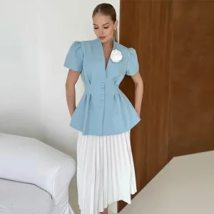 Elegant Single Breasted Short Sleeves Slim Waist 3d Flower Blazer