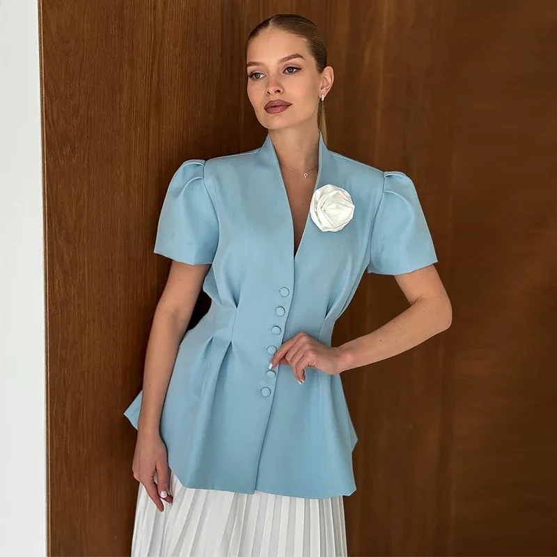 Elegant Single Breasted Short Sleeves Slim Waist 3d Flower Blazer - Image 4