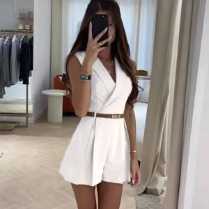 Elegant Single Breasted Sleeveless Lapel Slim Office Style Shorts Jumpsuit