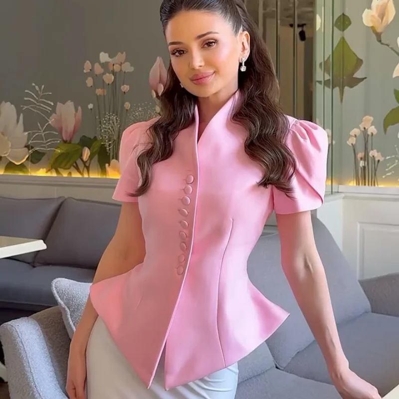 Elegant Sleeve Stand Collar Single Breasted Waist Slim Blazer - Image 7