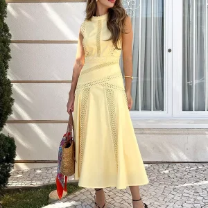 Elegant Sleeveless Long Dress With Lace Eyelet Detail