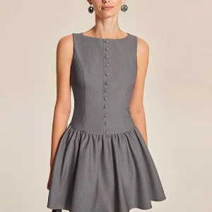 Elegant Sleeveless Pleated With Button-Front Mini Dress