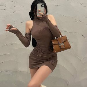 Elegant Solid Color High Neck Slim Fit Evening Party Mini Dress