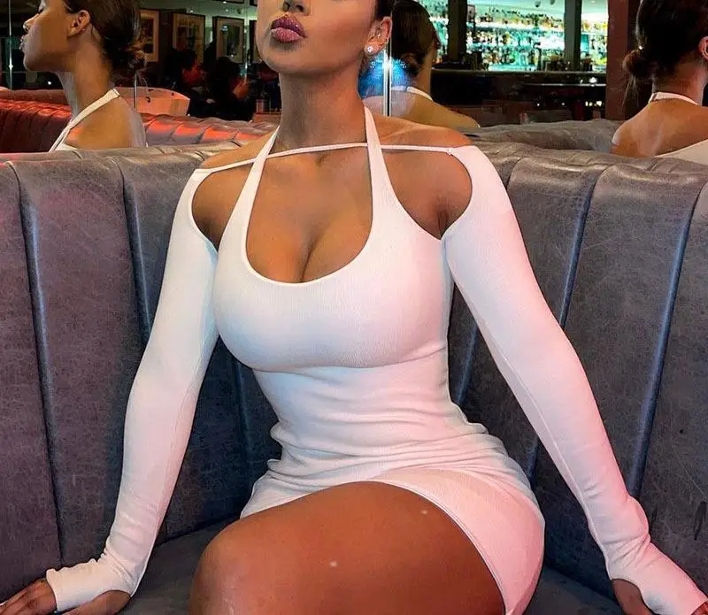 Elegant Solid Color Long Sleeved Hanging Neck Bag Hip Slim Fit Mini Dress - Image 10