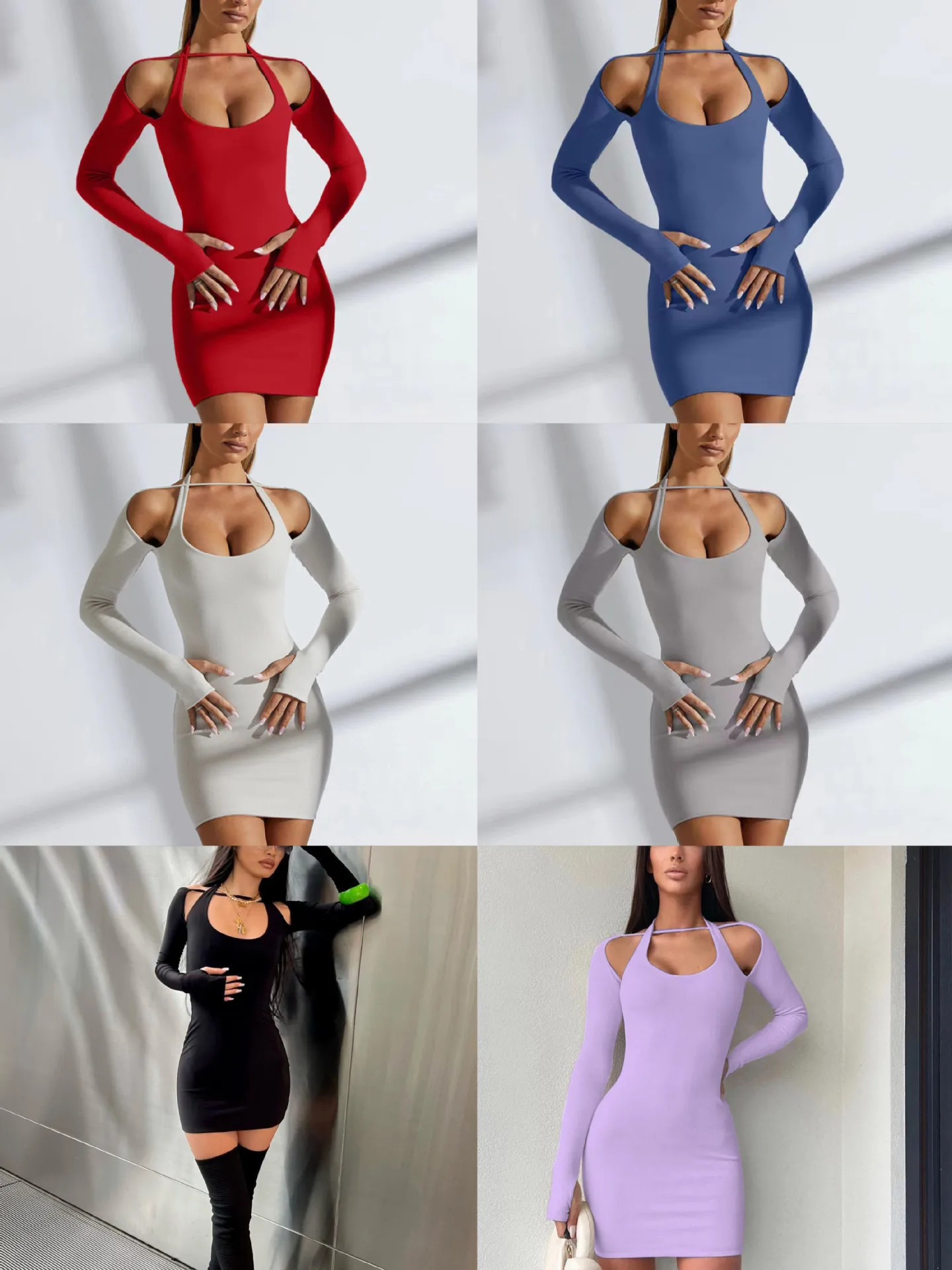 Elegant Solid Color Long Sleeved Hanging Neck Bag Hip Slim Fit Mini Dress - Image 17