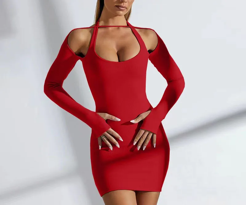 Elegant Solid Color Long Sleeved Hanging Neck Bag Hip Slim Fit Mini Dress - Image 16