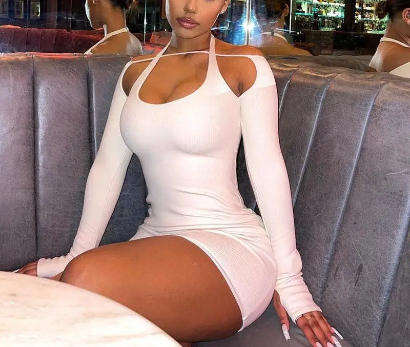 Elegant Solid Color Long Sleeved Hanging Neck Bag Hip Slim Fit Mini Dress - Image 9