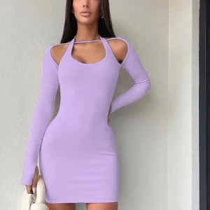 Elegant Solid Color Long Sleeved Hanging Neck Bag Hip Slim Fit Mini Dress