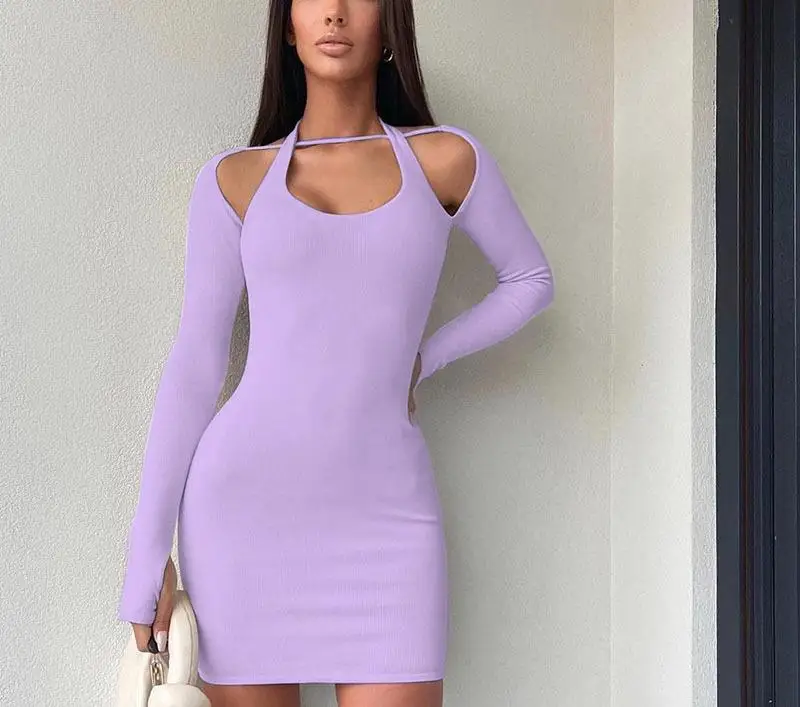 Elegant Solid Color Long Sleeved Hanging Neck Bag Hip Slim Fit Mini Dress