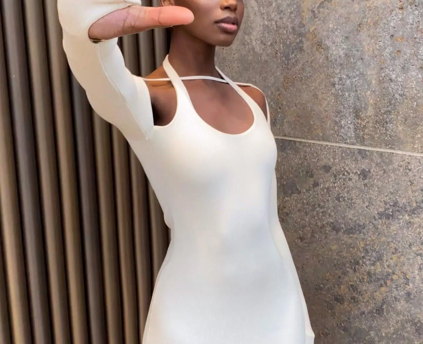 Elegant Solid Color Long Sleeved Hanging Neck Bag Hip Slim Fit Mini Dress - Image 7