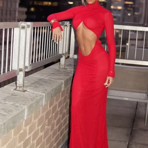 Elegant Solid Hollow Out Turtleneck Full Sleeves Slim Long Vestidos Robes Dress