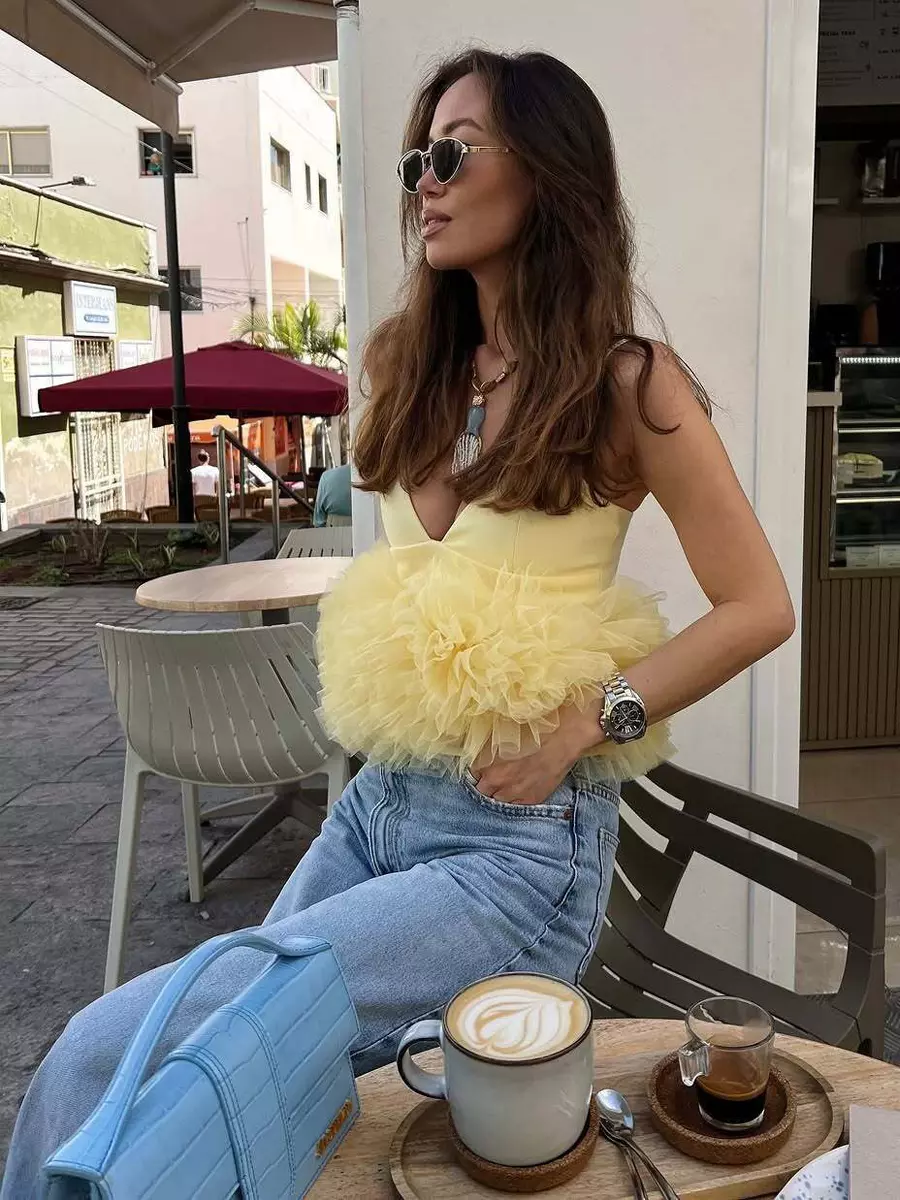 Elegant Spaghetti Straps Ruffles Tulle Trimmed Crop Camisole Top - Image 4