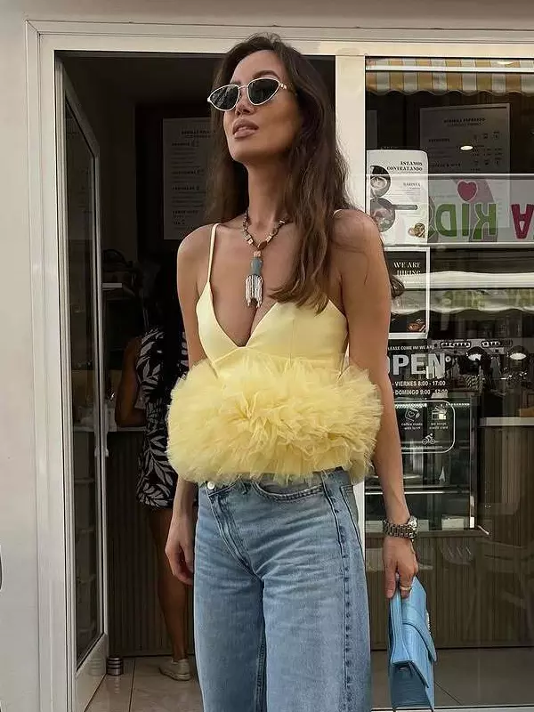 Elegant Spaghetti Straps Ruffles Tulle Trimmed Crop Camisole Top - Image 2