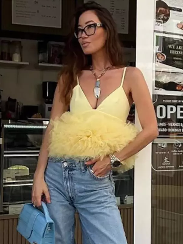 Elegant Spaghetti Straps Ruffles Tulle Trimmed Crop Camisole Top - Image 5