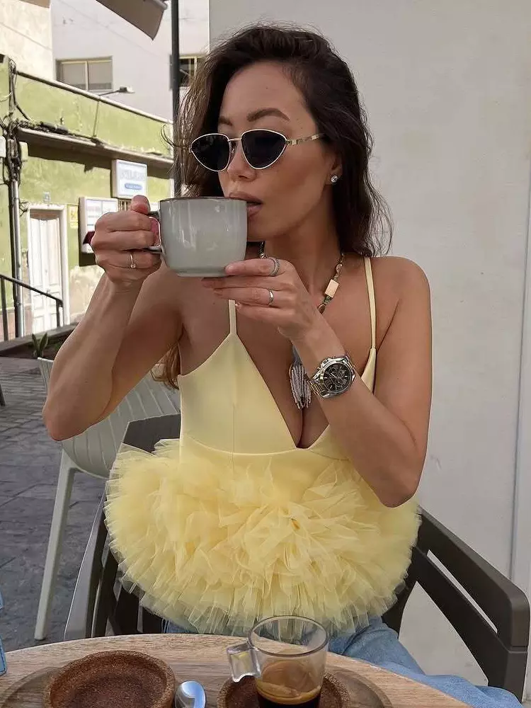 Elegant Spaghetti Straps Ruffles Tulle Trimmed Crop Camisole Top - Image 3