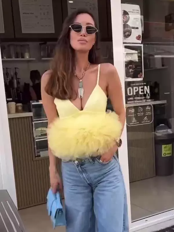 Elegant Spaghetti Straps Ruffles Tulle Trimmed Crop Camisole Top