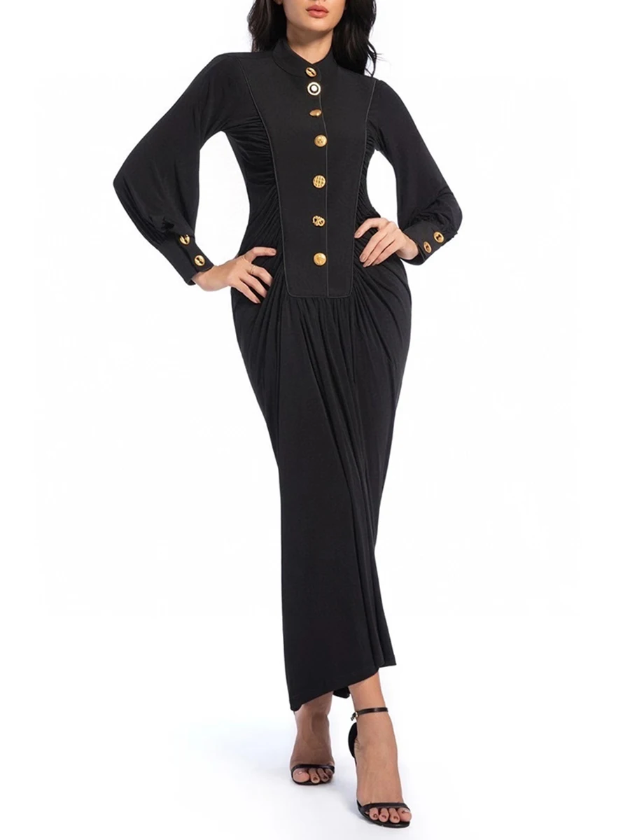 Elegant Spliced Single Breasted O Neck Long Sleeves Patchwork Folds Fashion Dress