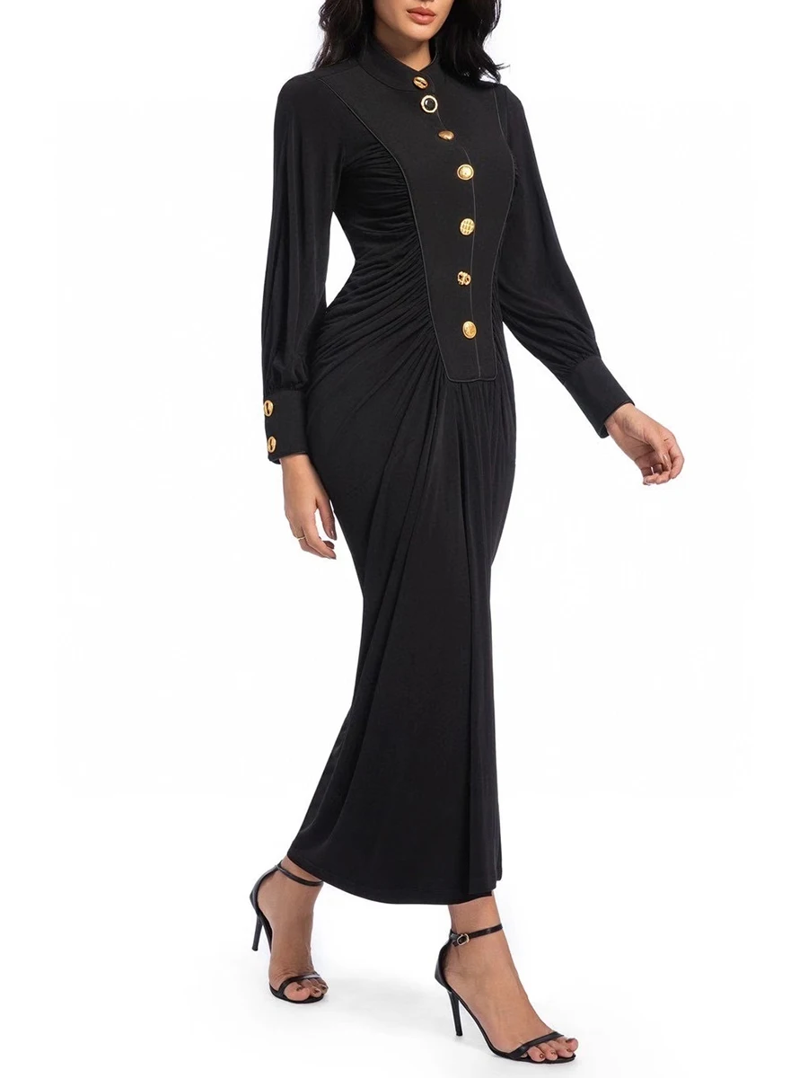 Elegant Spliced Single Breasted O Neck Long Sleeves Patchwork Folds Fashion Dress - Image 2