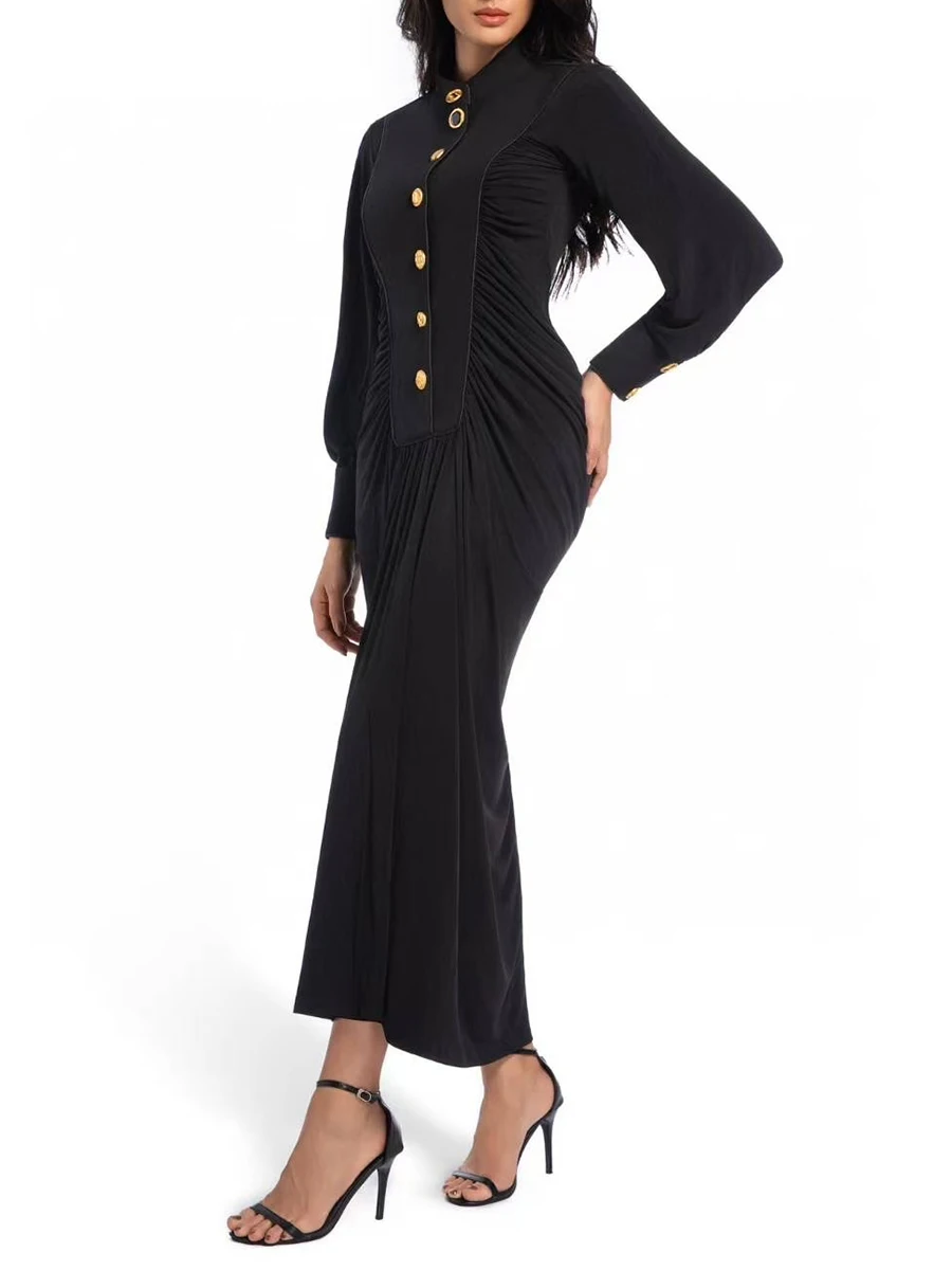 Elegant Spliced Single Breasted O Neck Long Sleeves Patchwork Folds Fashion Dress - Image 3