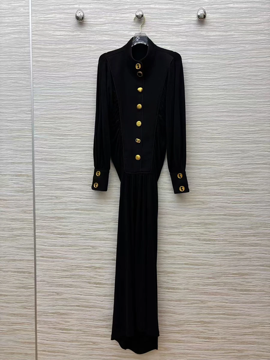 Elegant Spliced Single Breasted O Neck Long Sleeves Patchwork Folds Fashion Dress - Image 4