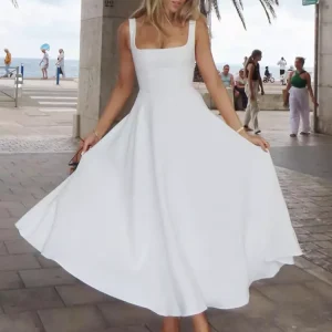 Elegant Square Neck Sleeveless A-line Dating Birthday Midi Dress