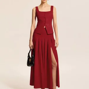 Elegant Square Neck Vest Top And Long Slit Skirt Two Piece Set