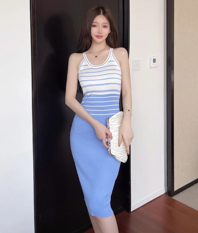 Elegant Stripe Color Block Tank Knitted Sheath Pencil Simple Bodycon Vestidos Dress - Image 7