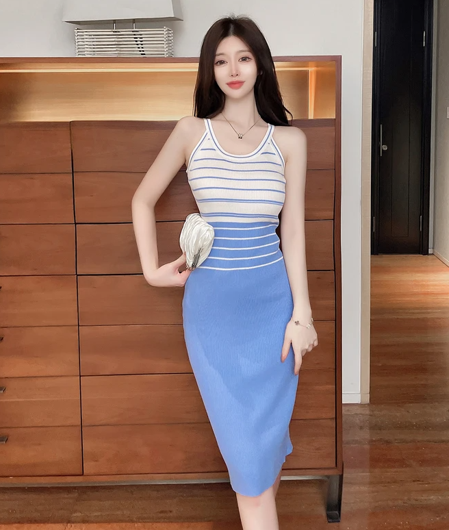 Elegant Stripe Color Block Tank Knitted Sheath Pencil Simple Bodycon Vestidos Dress - Image 2