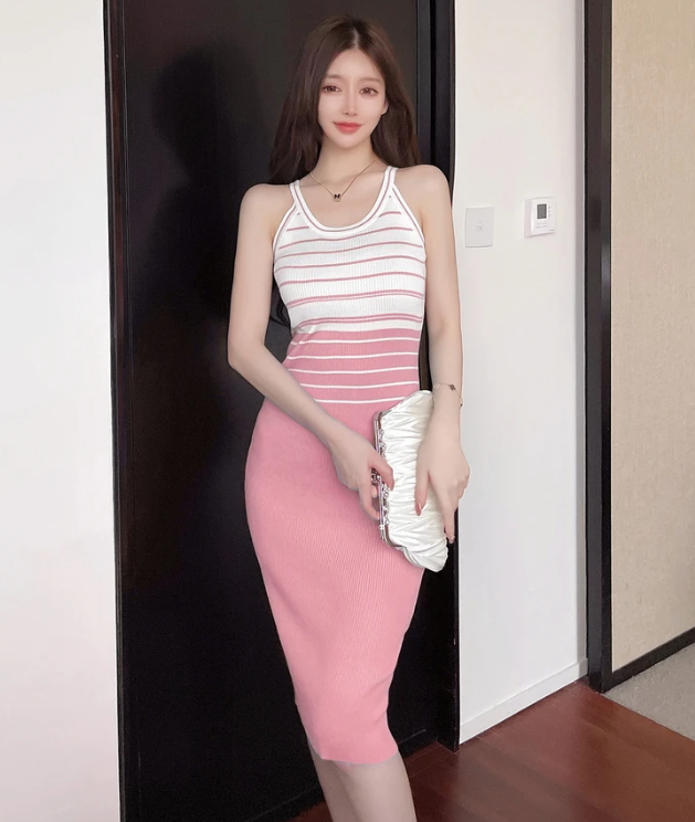 Elegant Stripe Color Block Tank Knitted Sheath Pencil Simple Bodycon Vestidos Dress - Image 11
