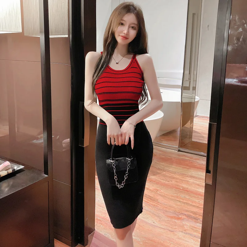 Elegant Stripe Color Block Tank Knitted Sheath Pencil Simple Bodycon Vestidos Dress - Image 12