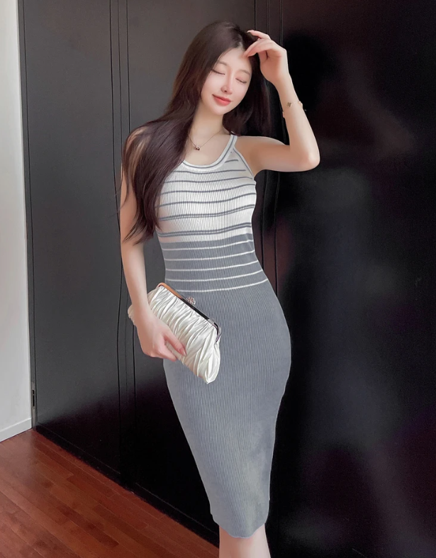 Elegant Stripe Color Block Tank Knitted Sheath Pencil Simple Bodycon Vestidos Dress - Image 14