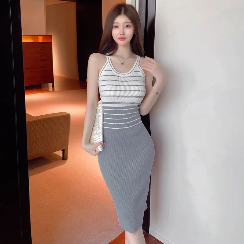 Elegant Stripe Color Block Tank Knitted Sheath Pencil Simple Bodycon Vestidos Dress - Image 15