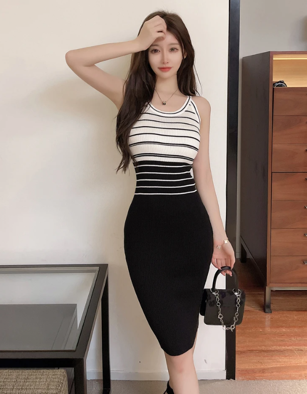 Elegant Stripe Color Block Tank Knitted Sheath Pencil Simple Bodycon Vestidos Dress - Image 16